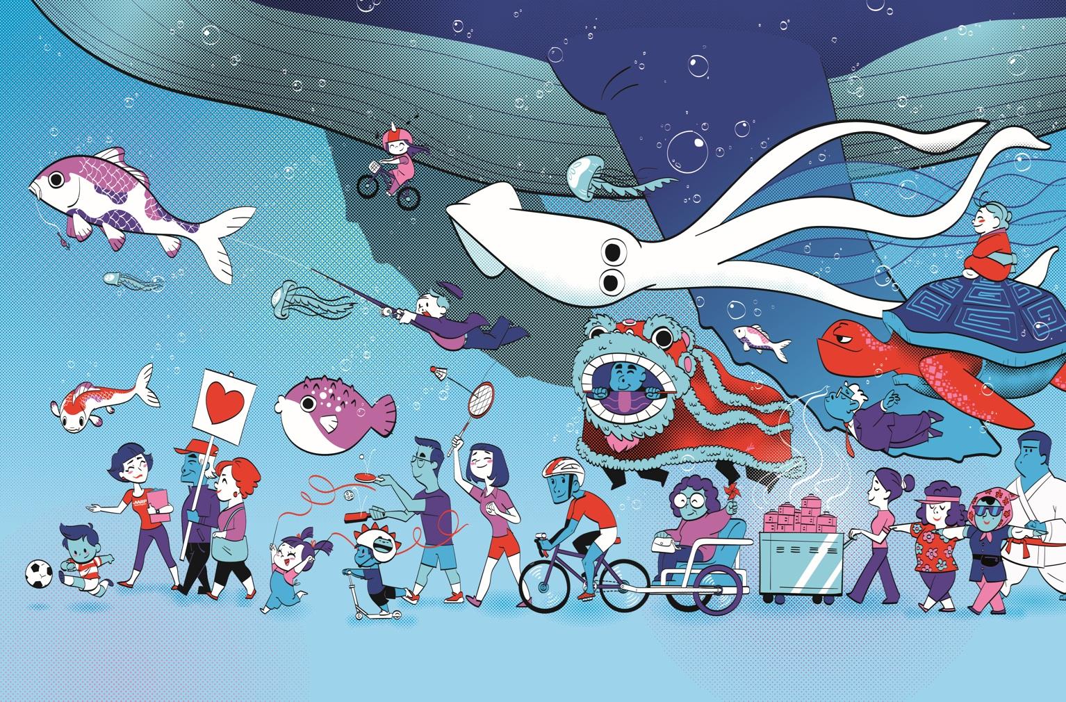 group of people and sea creatures on a tour