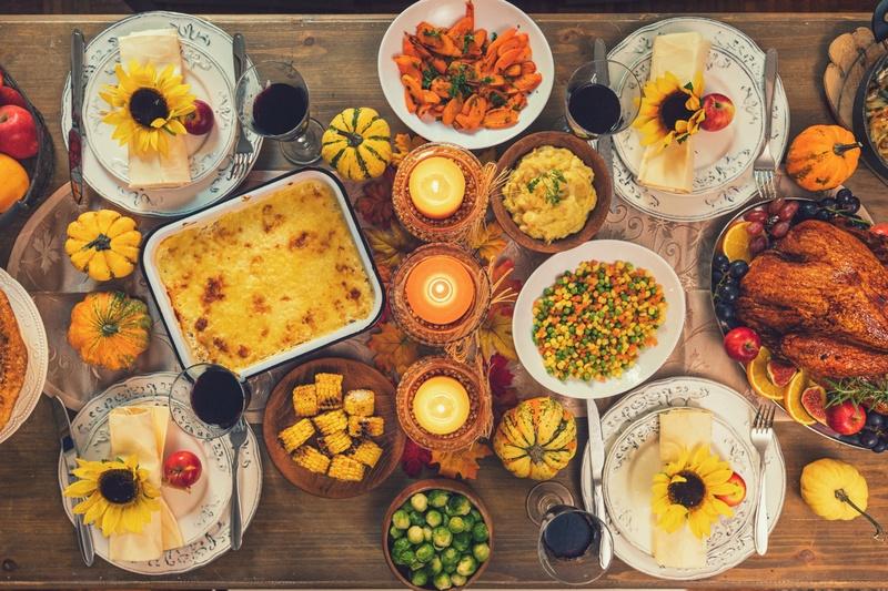 various plates and foods displayed on a table